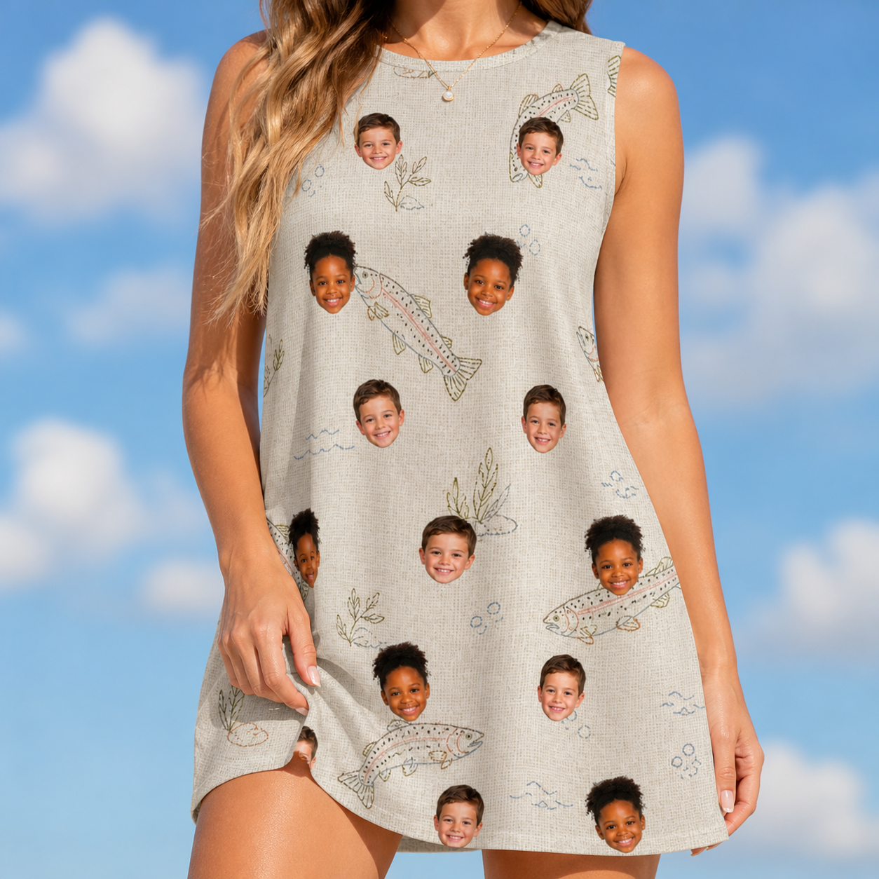 Model wearing Women's Creek Chic Custom Face Tank Dress printed with kids' faces