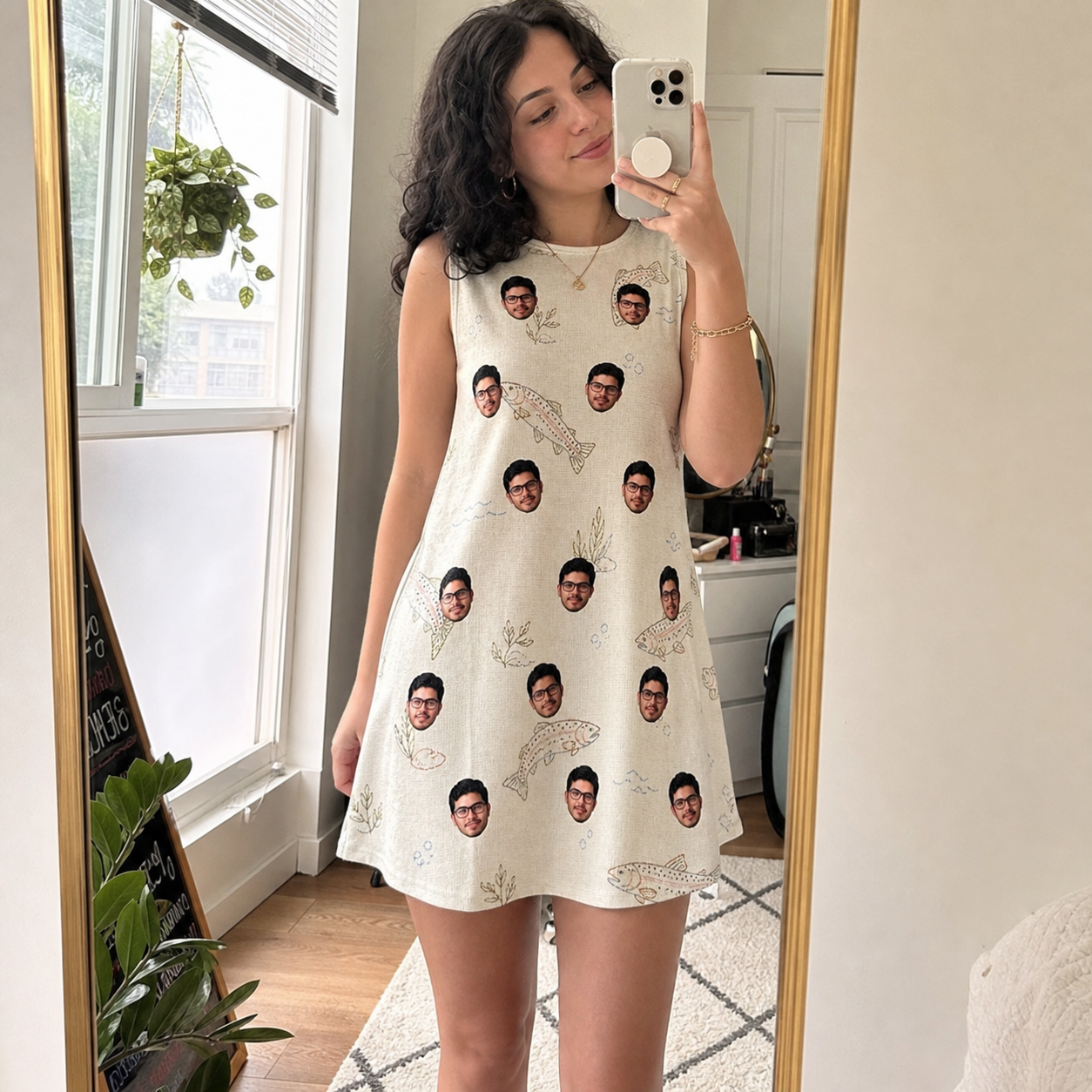 Real-life photo of someone wearing Women's Creek Chic Custom Face Tank Dress — custom faces printed all-over