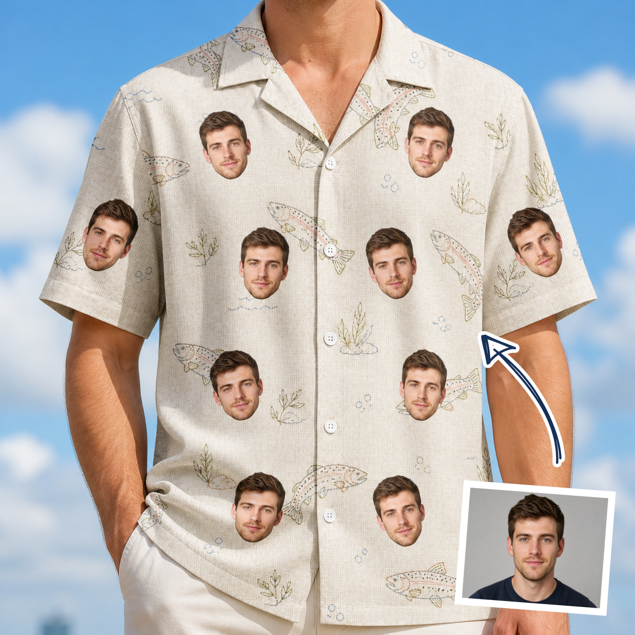 Man wearing Men's Creek Chic Custom Face Hawaiian Shirt — custom faces printed all-over