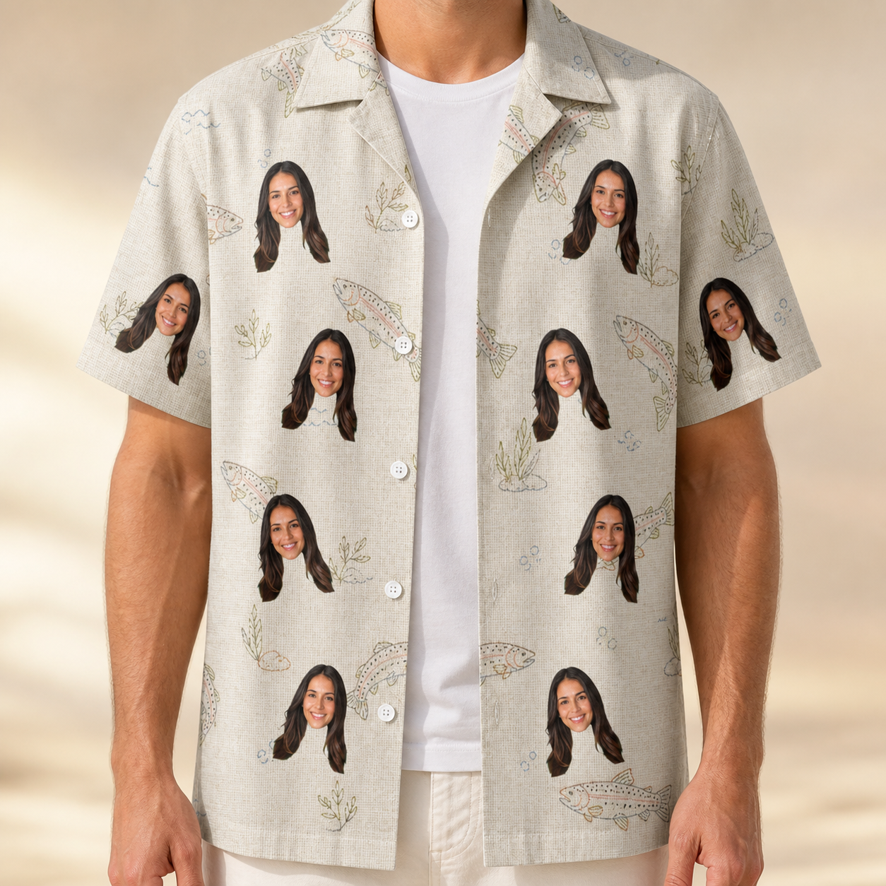 Man wearing Men's Creek Chic Custom Face Hawaiian Shirt open over a white tee