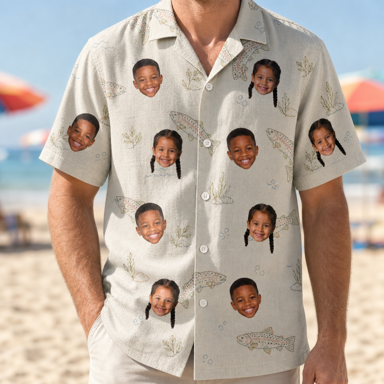Model wearing Men's Creek Chic Custom Face Hawaiian Shirt printed with kids' faces