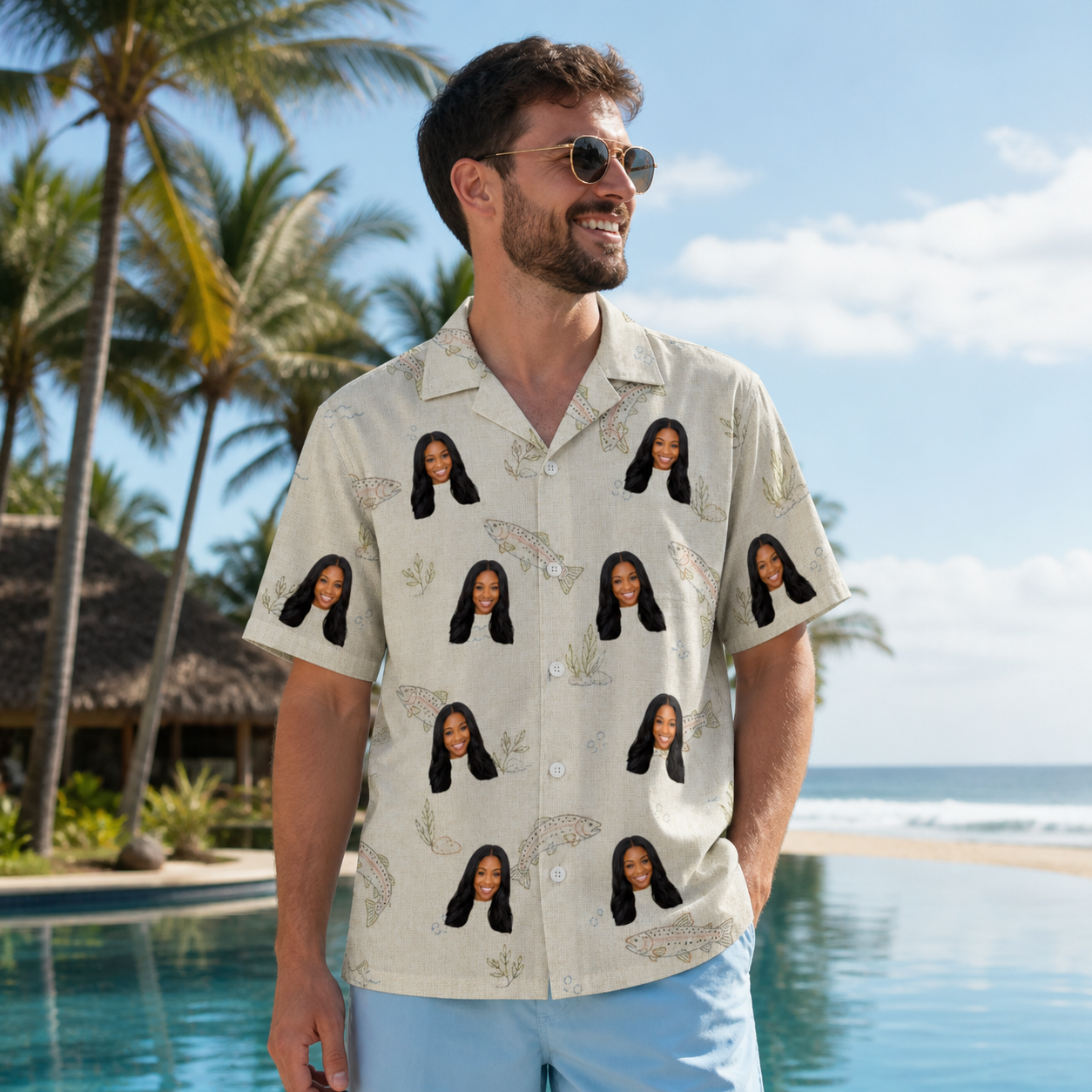 Real-life photo of someone wearing Men's Creek Chic Custom Face Hawaiian Shirt — custom faces printed all-over