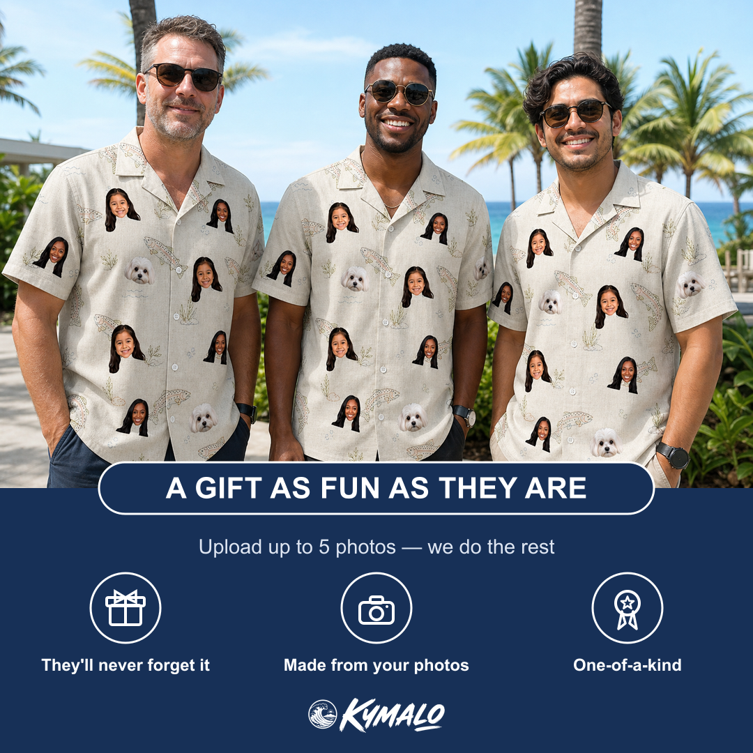 Friends in matching Men's Creek Chic Custom Face Hawaiian Shirt — a group gift photo