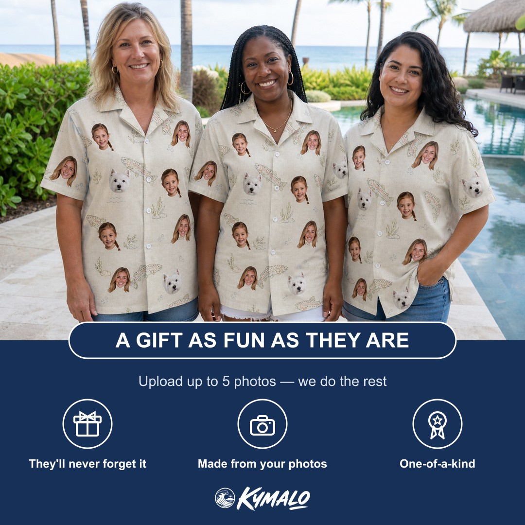 Friends in matching Women's Creek Chic Custom Face Hawaiian Shirt — a group gift photo