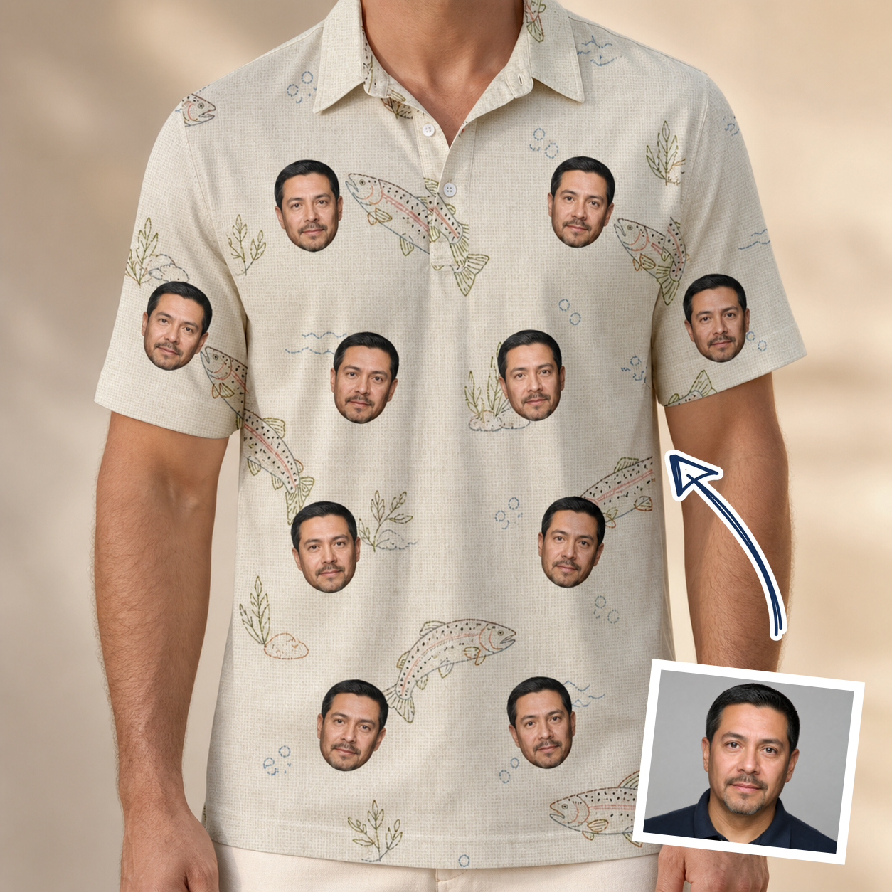 Man wearing Men's Creek Chic Custom Face Polo Shirt — custom faces printed all-over