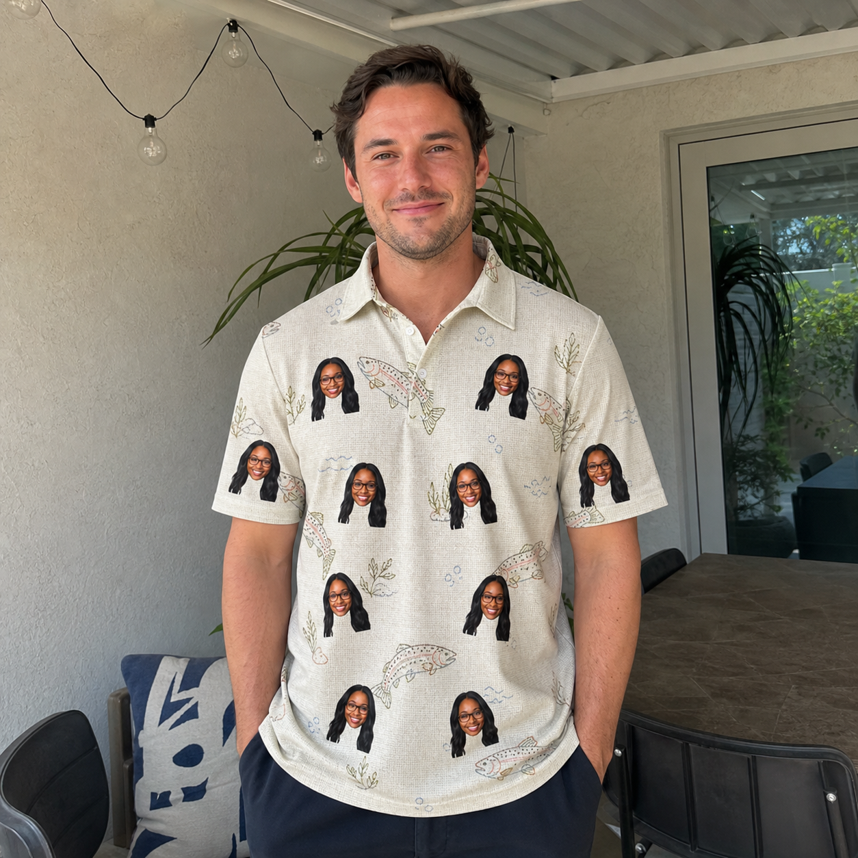 Real-life photo of someone wearing Men's Creek Chic Custom Face Polo Shirt — custom faces printed all-over