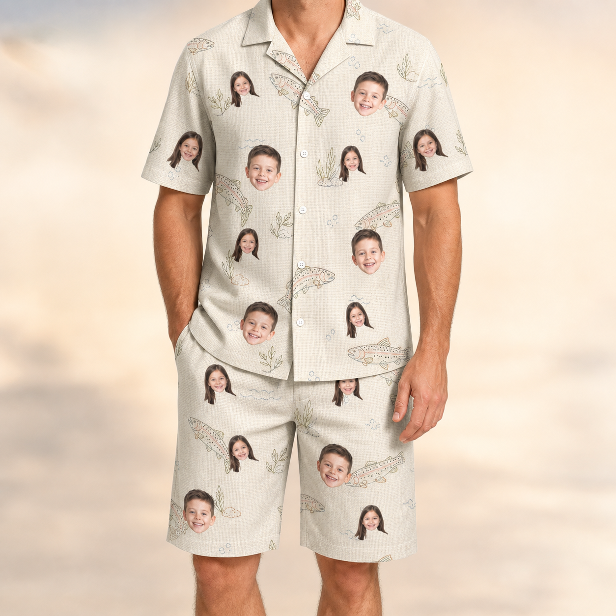 Model wearing Men's Creek Chic Custom Face Shirt & Shorts Set printed with kids' faces