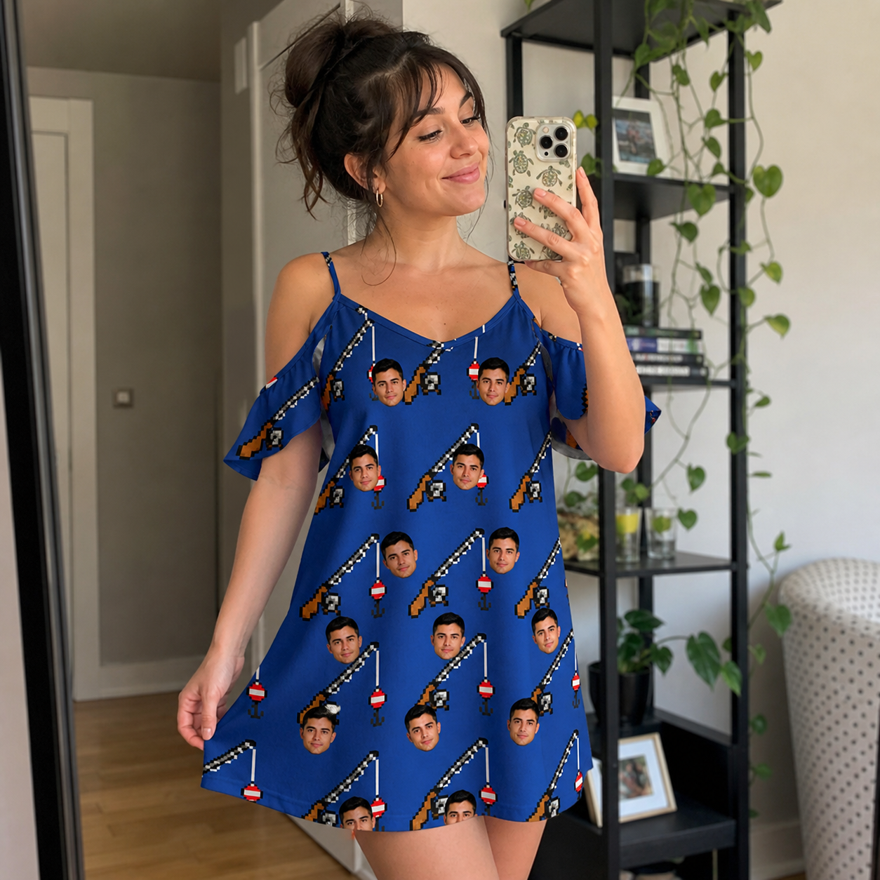 Real-life photo of someone wearing Women's Rod Rodeo Custom Face Off-Shoulder Dress — custom faces printed all-over