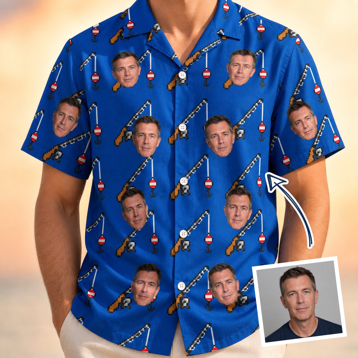 Man wearing Men's Rod Rodeo Custom Face Hawaiian Shirt — custom faces printed all-over