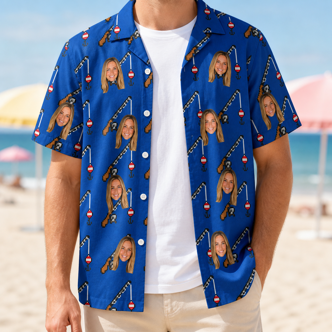 Man wearing Men's Rod Rodeo Custom Face Hawaiian Shirt open over a white tee