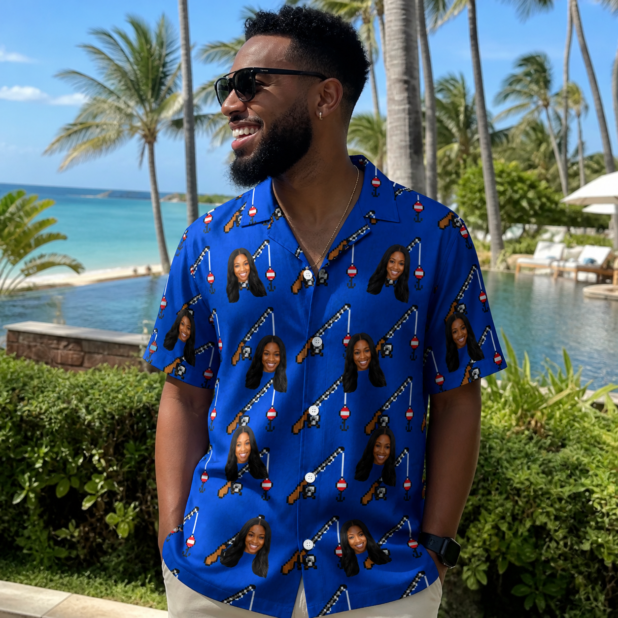 Real-life photo of someone wearing Men's Rod Rodeo Custom Face Hawaiian Shirt — custom faces printed all-over