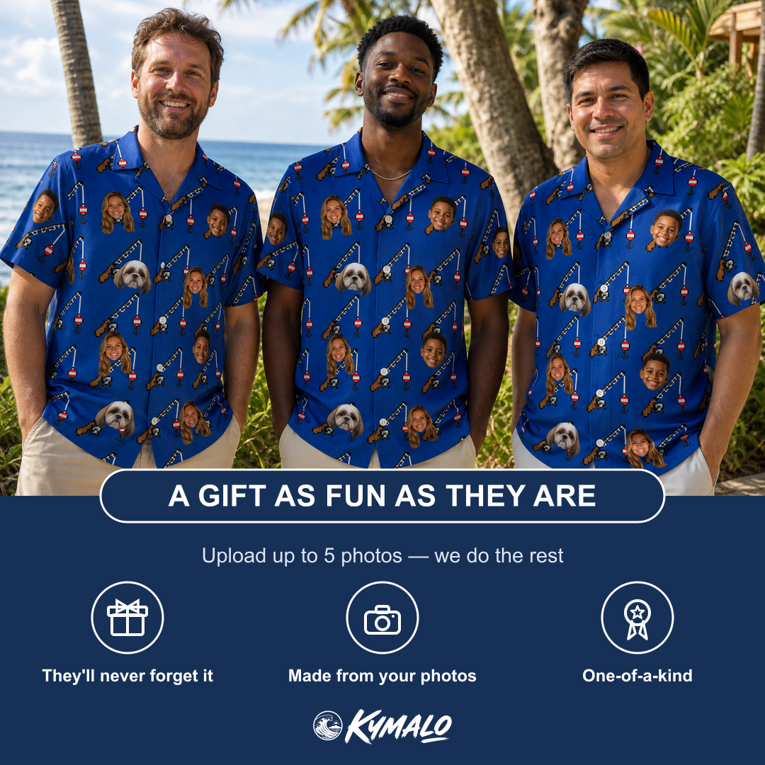 Friends in matching Men's Rod Rodeo Custom Face Hawaiian Shirt — a group gift photo