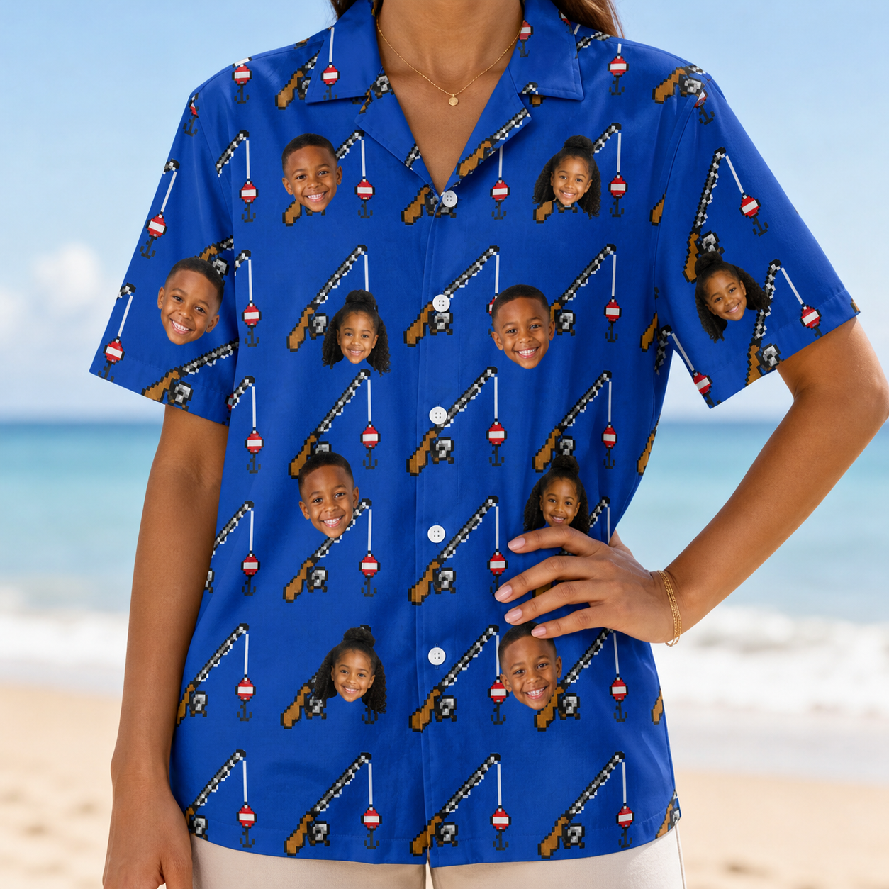 Model wearing Women's Rod Rodeo Custom Face Hawaiian Shirt printed with kids' faces
