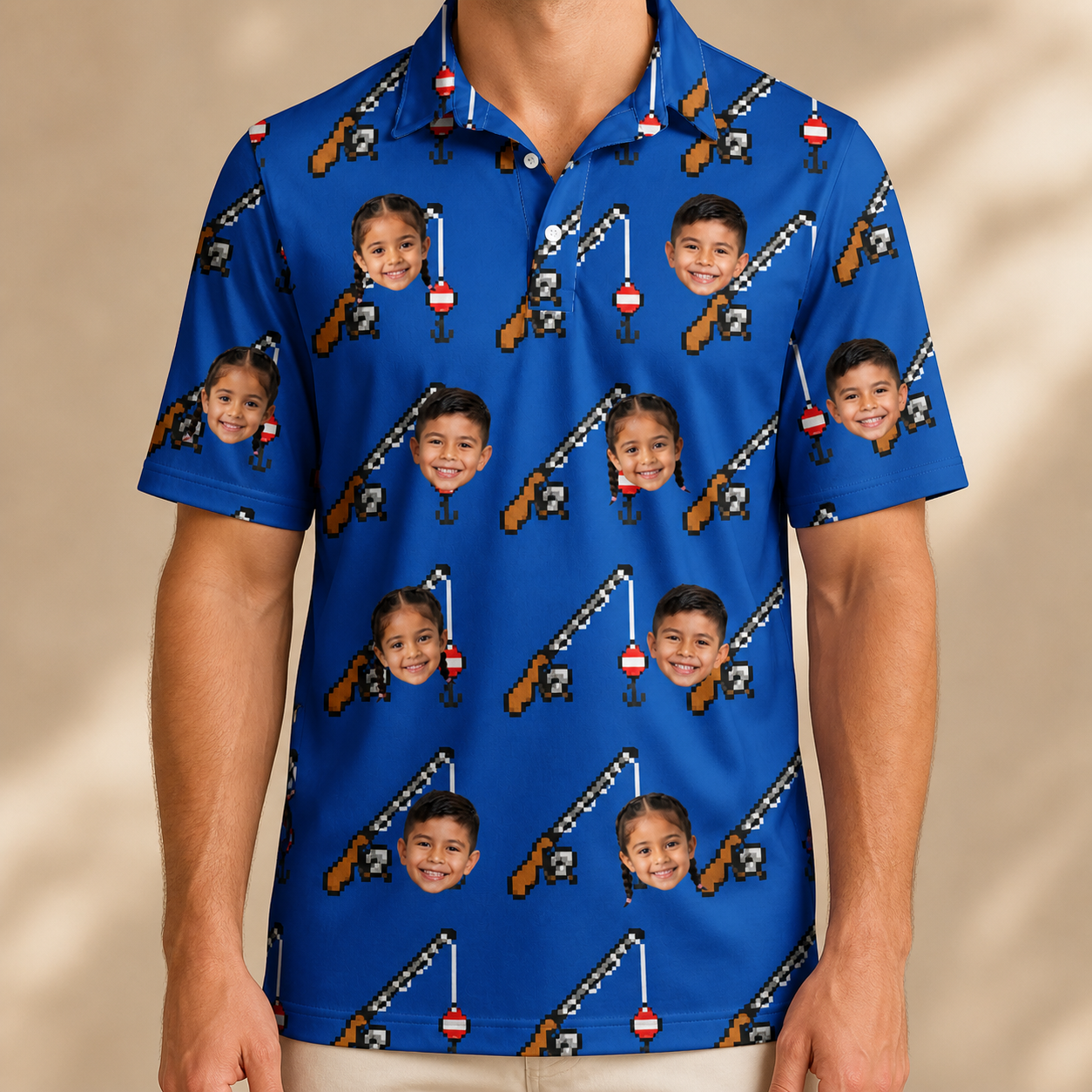 Model wearing Men's Rod Rodeo Custom Face Polo Shirt printed with kids' faces