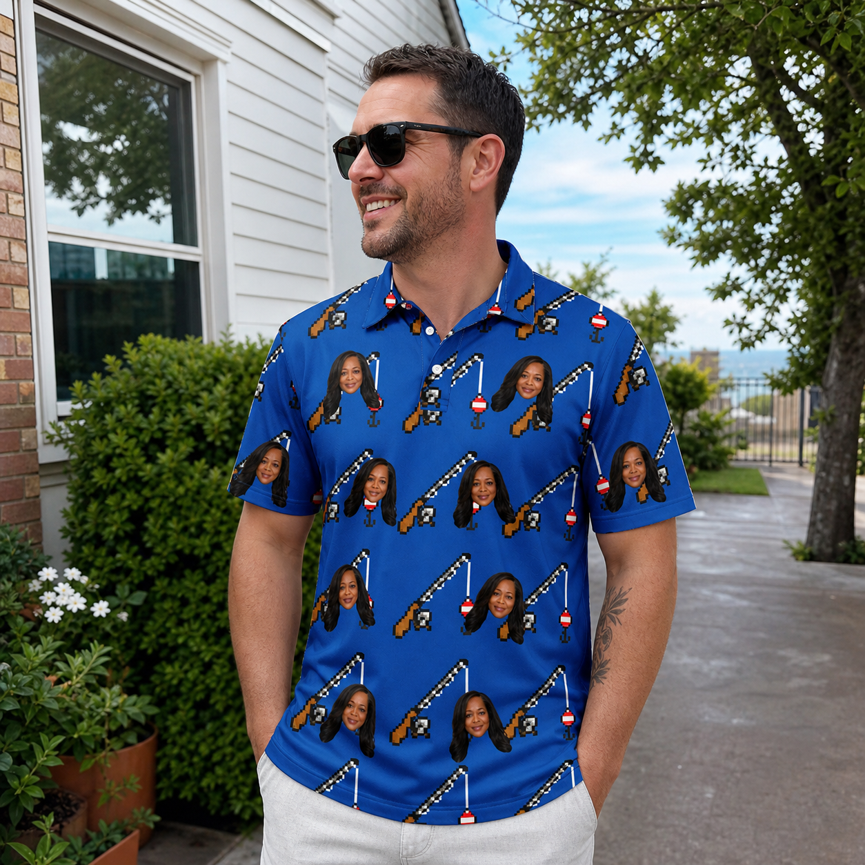 Real-life photo of someone wearing Men's Rod Rodeo Custom Face Polo Shirt — custom faces printed all-over