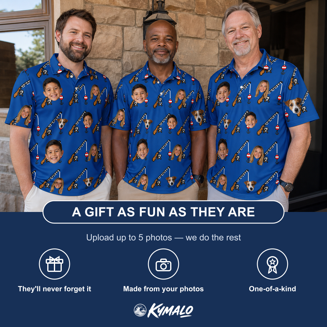 Friends in matching Men's Rod Rodeo Custom Face Polo Shirt — a group gift photo
