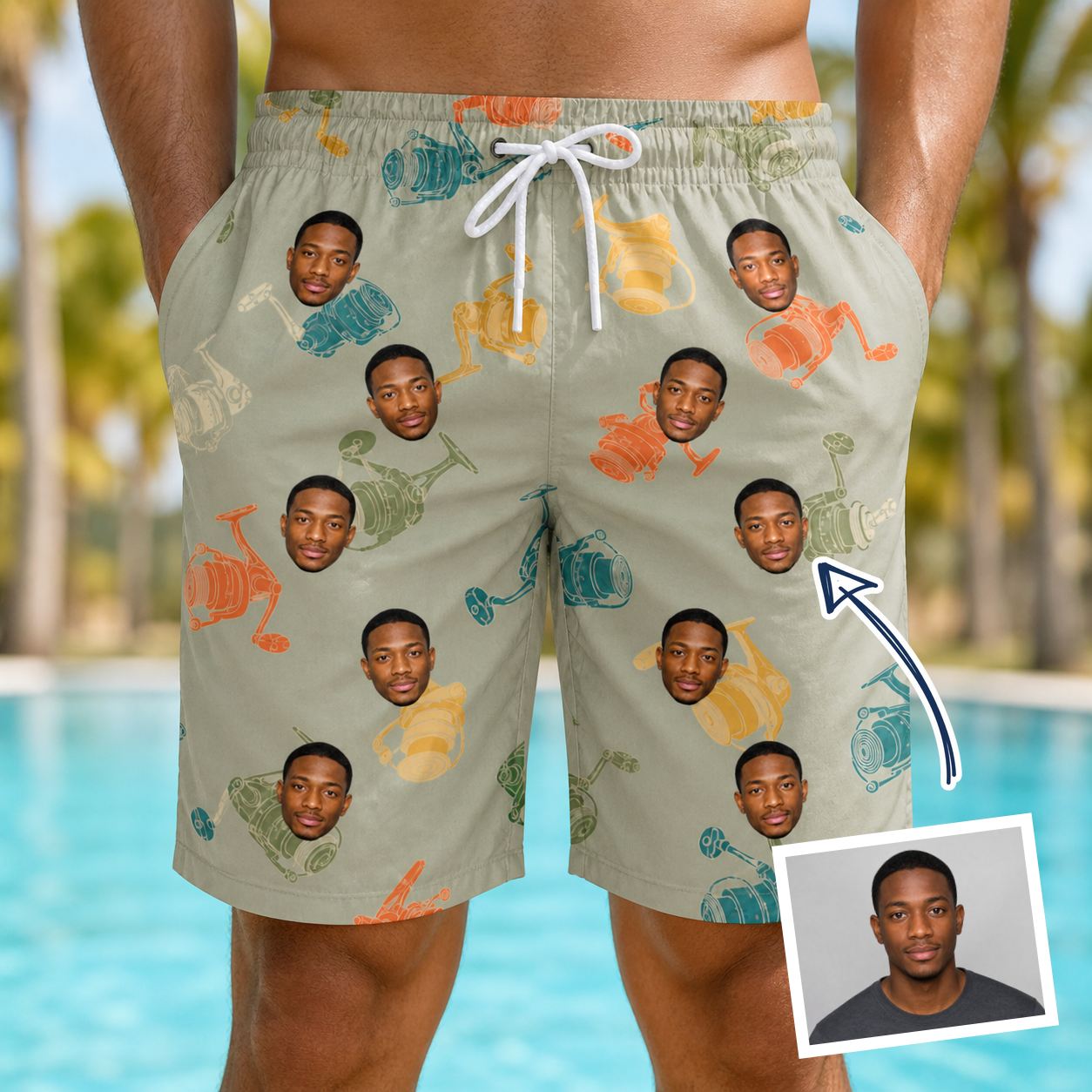 Man wearing Men's Handle Hijinks Custom Face Beach Shorts — custom faces printed all-over