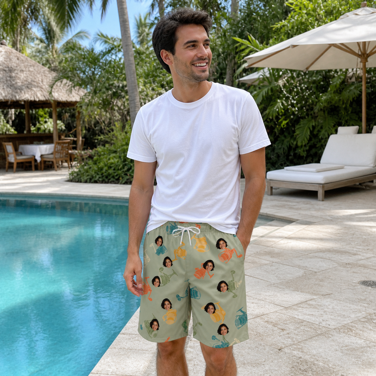 Real-life photo of someone wearing Men's Handle Hijinks Custom Face Beach Shorts — custom faces printed all-over