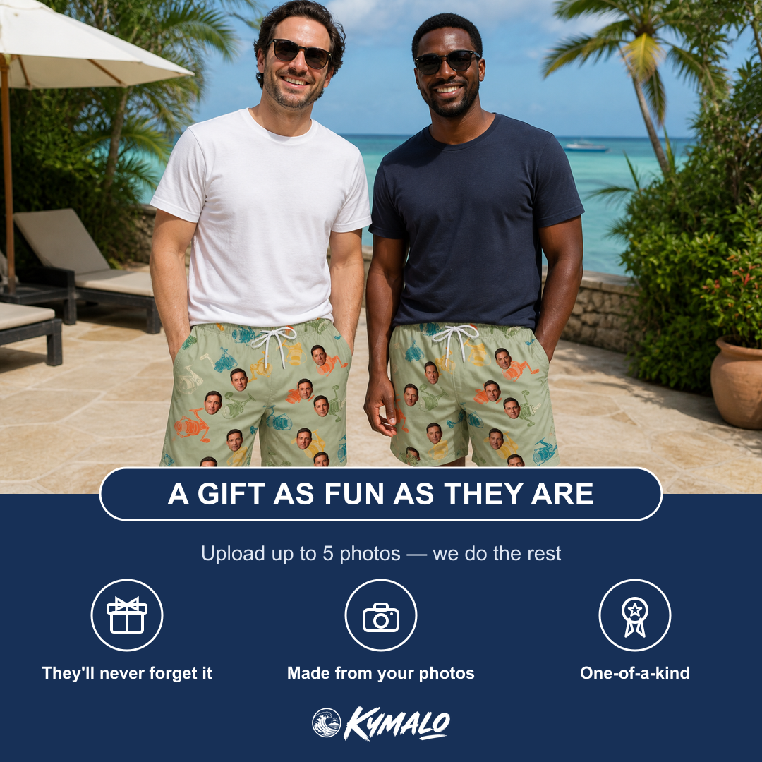 Friends in matching Men's Handle Hijinks Custom Face Beach Shorts — a group gift photo