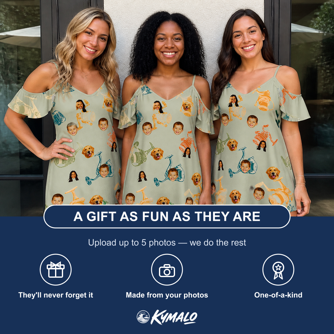 Friends in matching Women's Handle Hijinks Custom Face Off-Shoulder Dress — a group gift photo