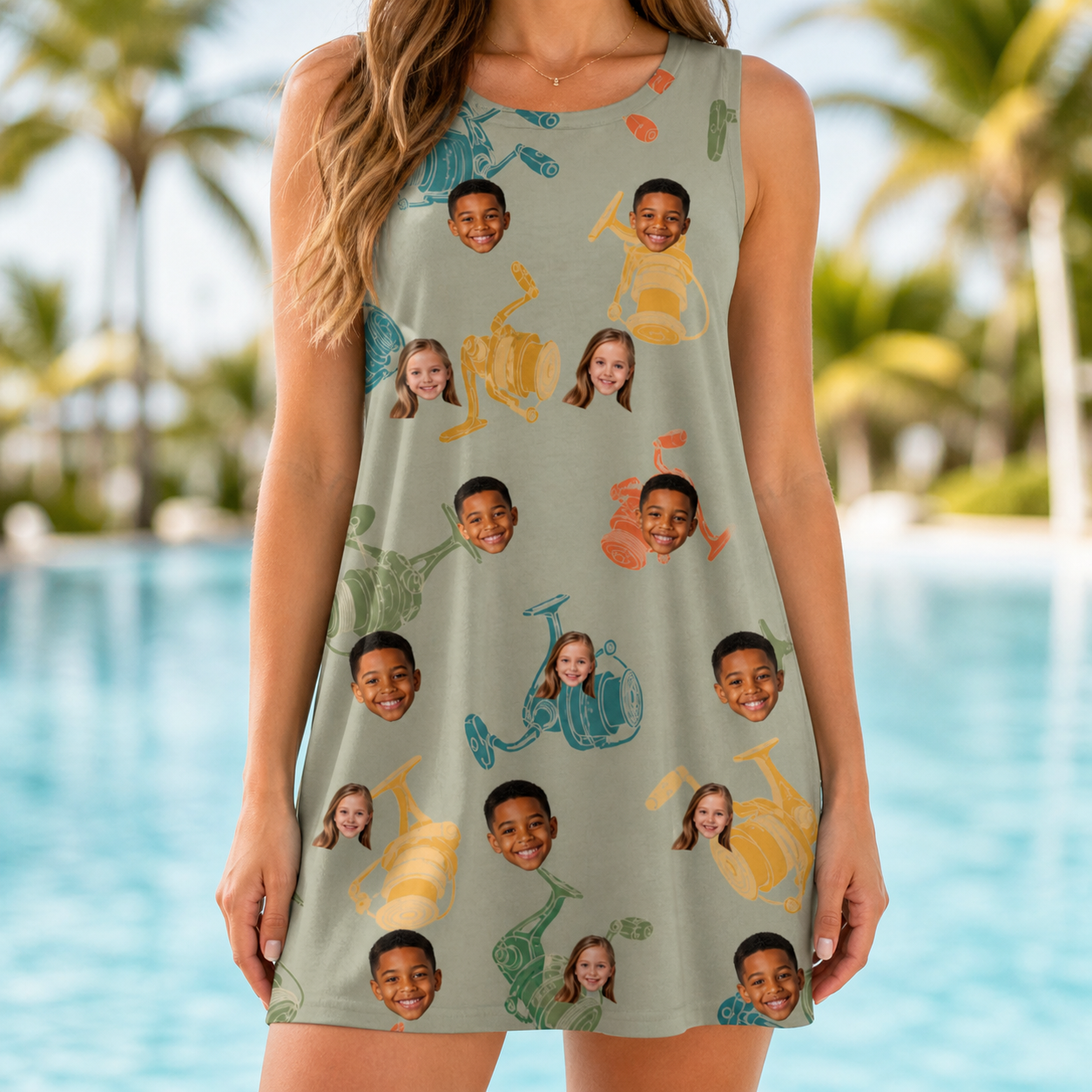 Model wearing Women's Handle Hijinks Custom Face Tank Dress printed with kids' faces