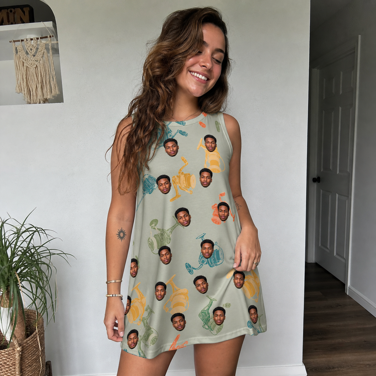 Real-life photo of someone wearing Women's Handle Hijinks Custom Face Tank Dress — custom faces printed all-over