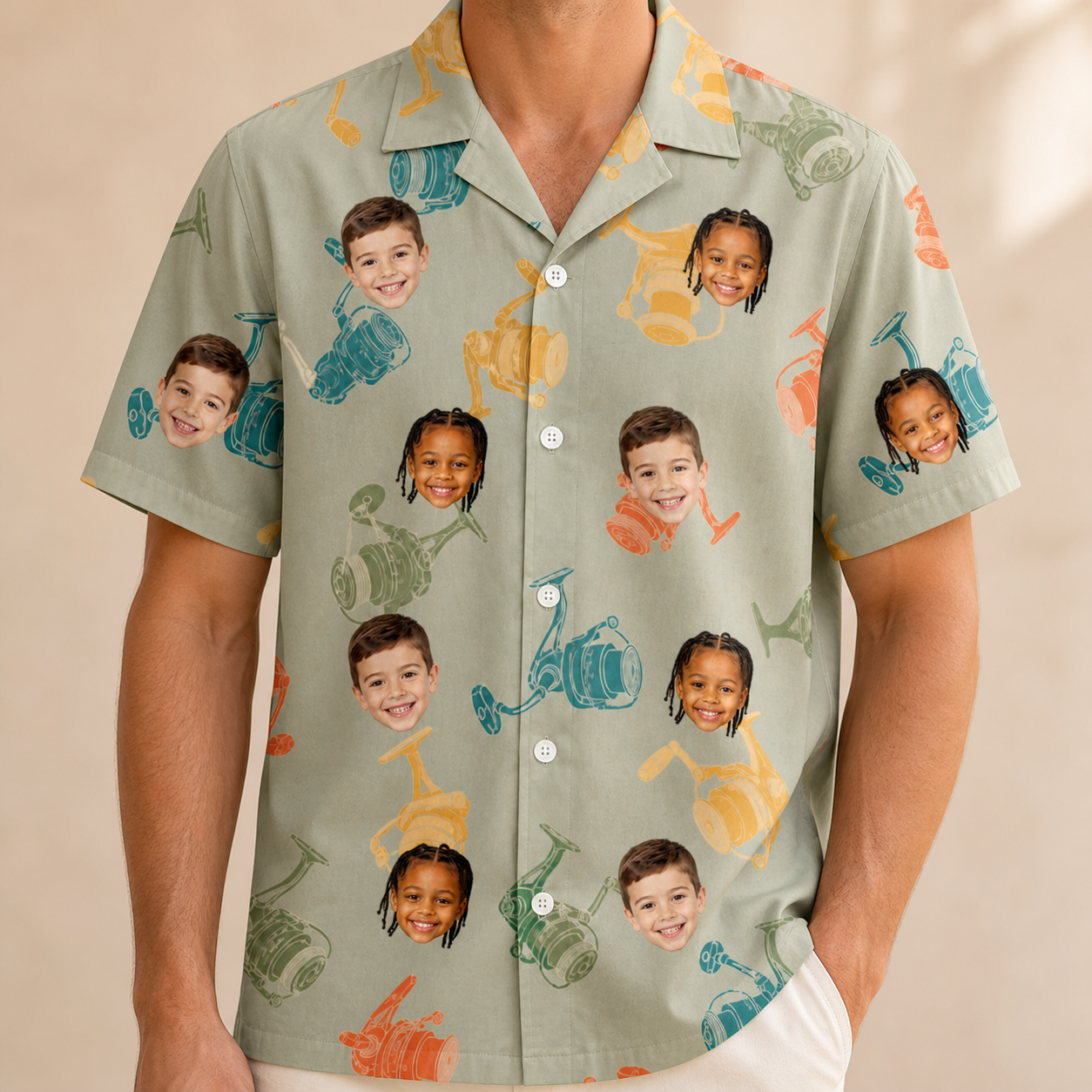Model wearing Men's Handle Hijinks Custom Face Hawaiian Shirt printed with kids' faces