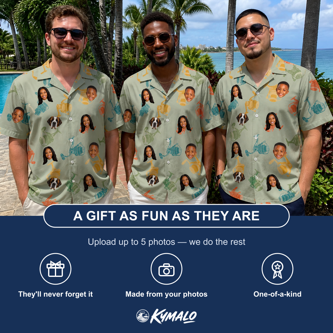 Friends in matching Men's Handle Hijinks Custom Face Hawaiian Shirt — a group gift photo