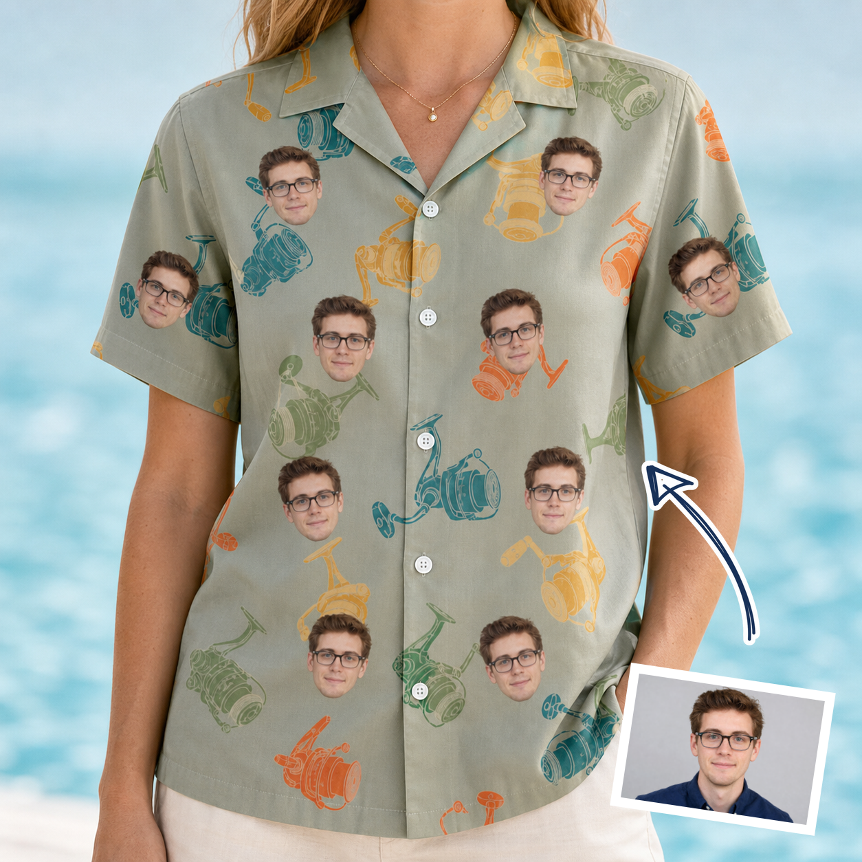 Woman wearing Women's Handle Hijinks Custom Face Hawaiian Shirt — custom faces printed all-over