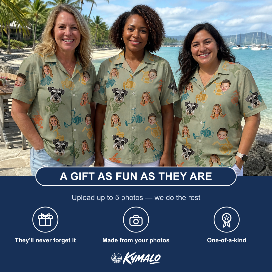 Friends in matching Women's Handle Hijinks Custom Face Hawaiian Shirt — a group gift photo