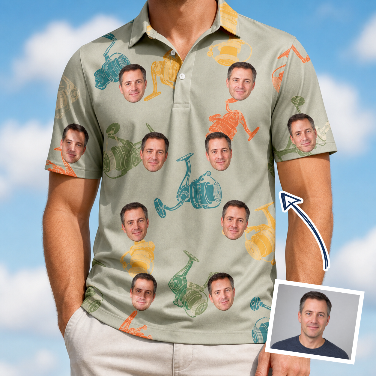 Man wearing Men's Handle Hijinks Custom Face Polo Shirt — custom faces printed all-over