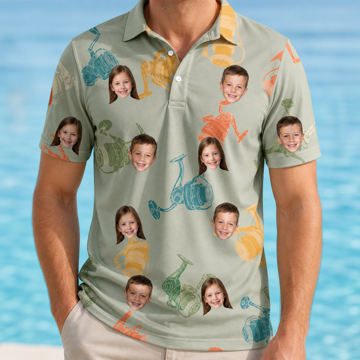 Model wearing Men's Handle Hijinks Custom Face Polo Shirt printed with kids' faces