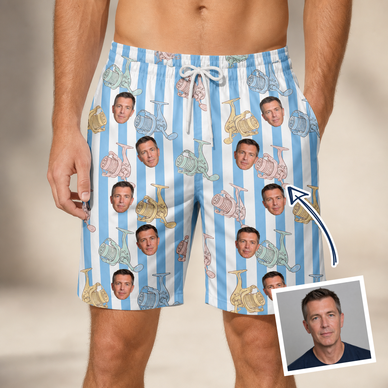 Man wearing Men's Spinner Spritz Custom Face Beach Shorts — custom faces printed all-over