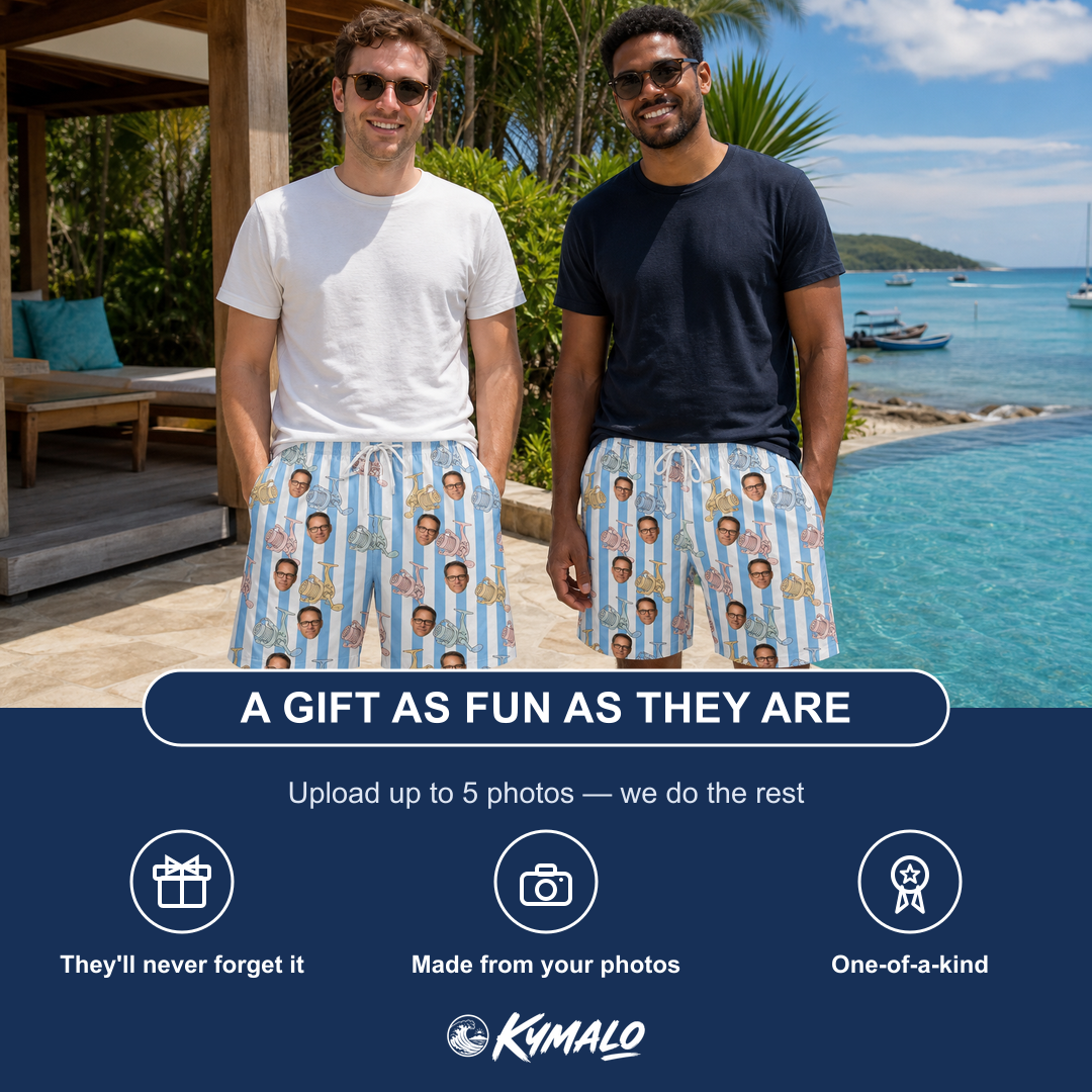 Friends in matching Men's Spinner Spritz Custom Face Beach Shorts — a group gift photo