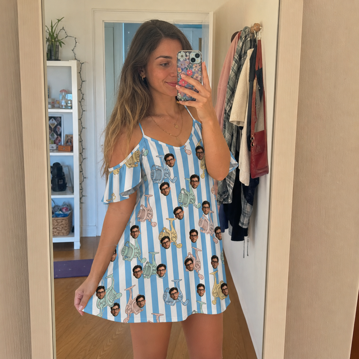 Real-life photo of someone wearing Women's Spinner Spritz Custom Face Off-Shoulder Dress — custom faces printed all-over