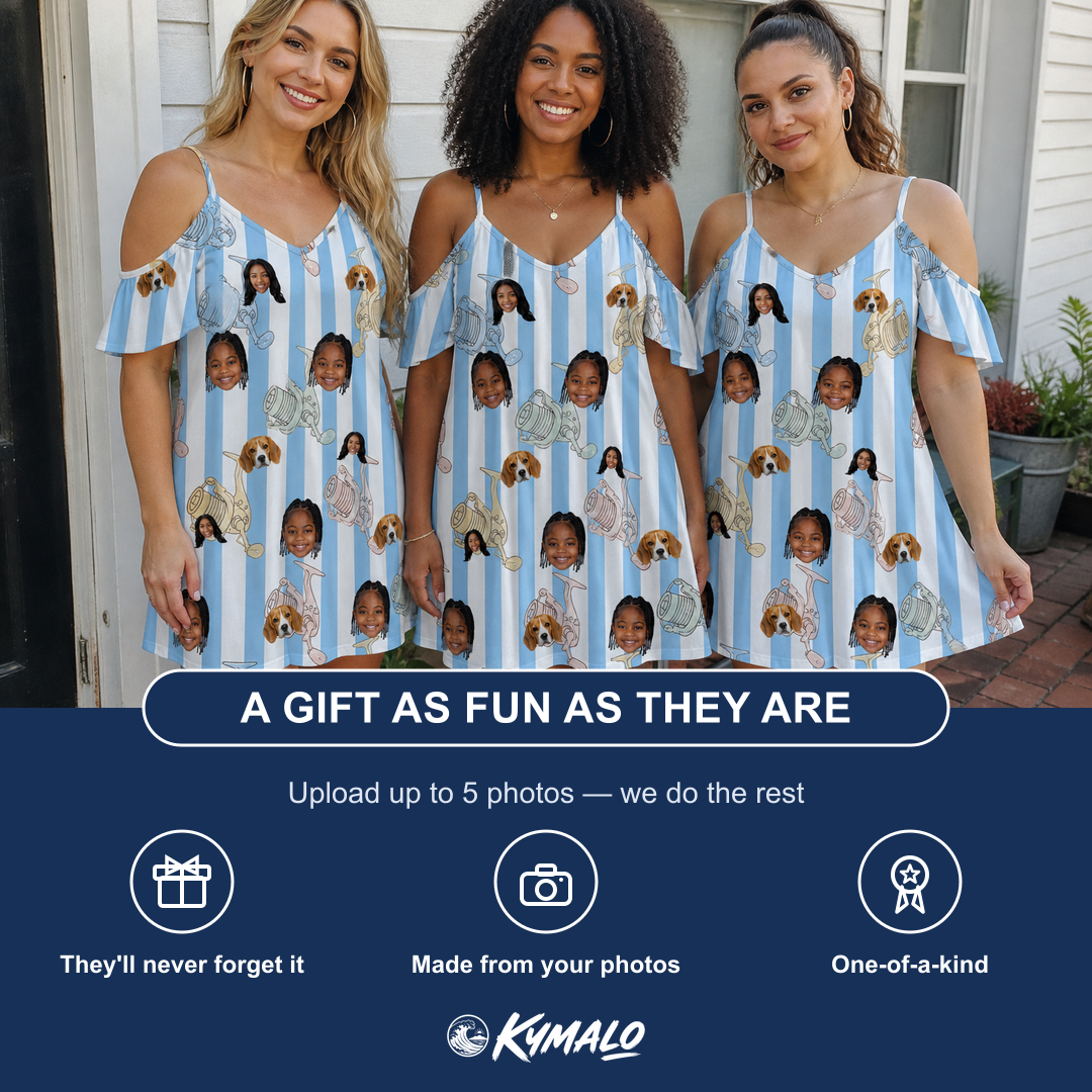 Friends in matching Women's Spinner Spritz Custom Face Off-Shoulder Dress — a group gift photo
