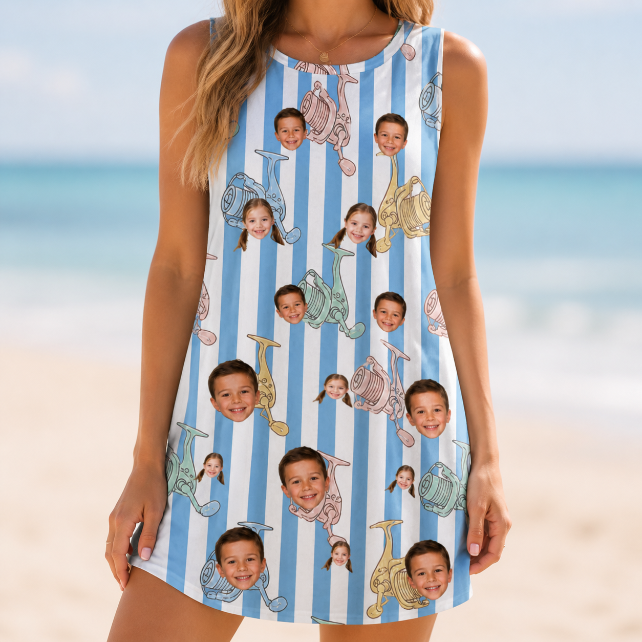 Model wearing Women's Spinner Spritz Custom Face Tank Dress printed with kids' faces