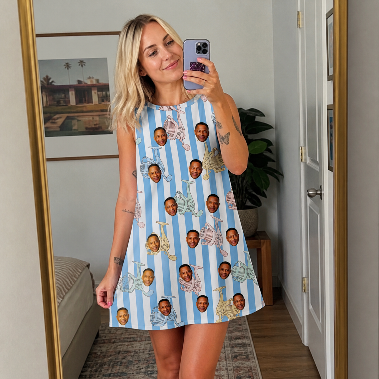 Real-life photo of someone wearing Women's Spinner Spritz Custom Face Tank Dress — custom faces printed all-over