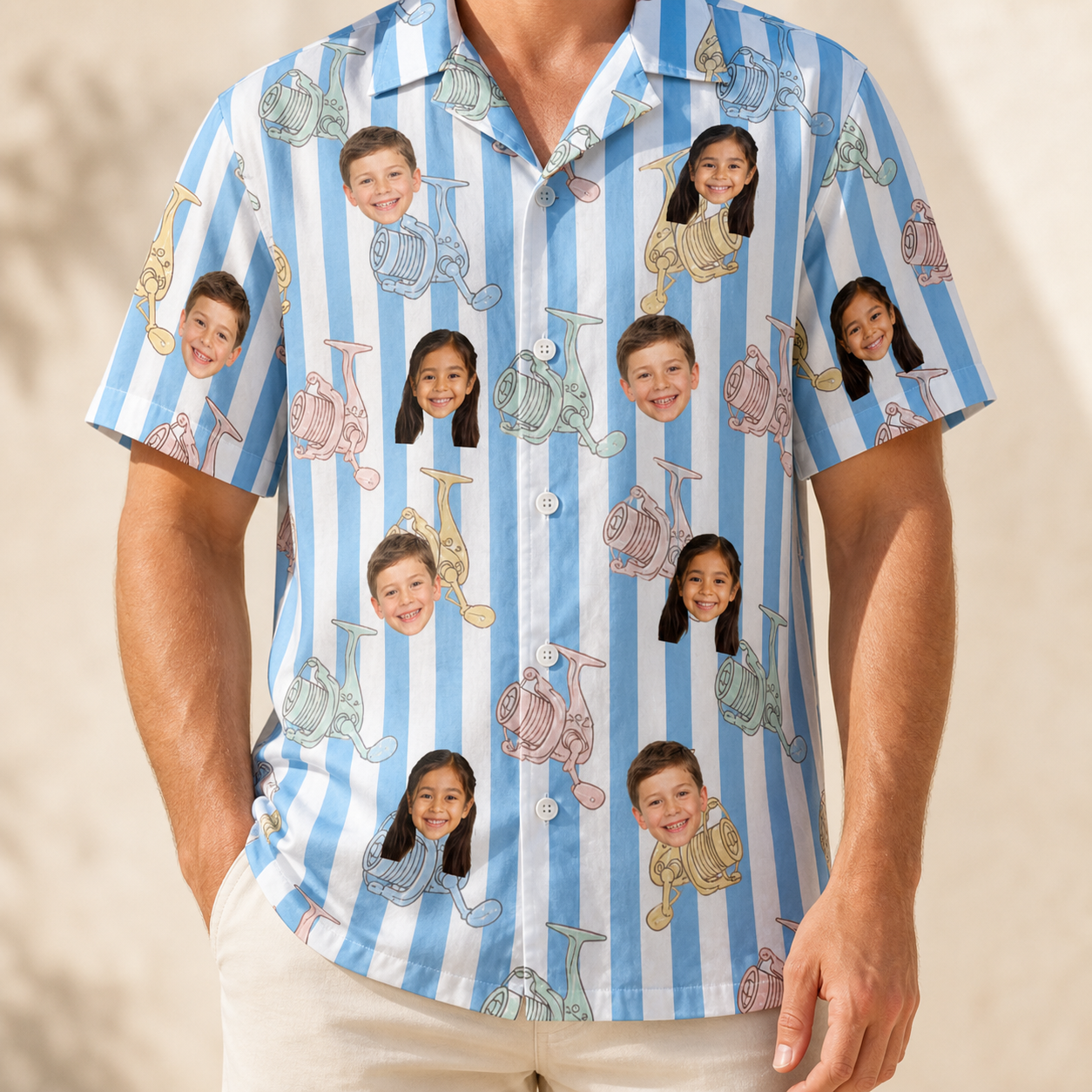 Model wearing Men's Spinner Spritz Custom Face Hawaiian Shirt printed with kids' faces