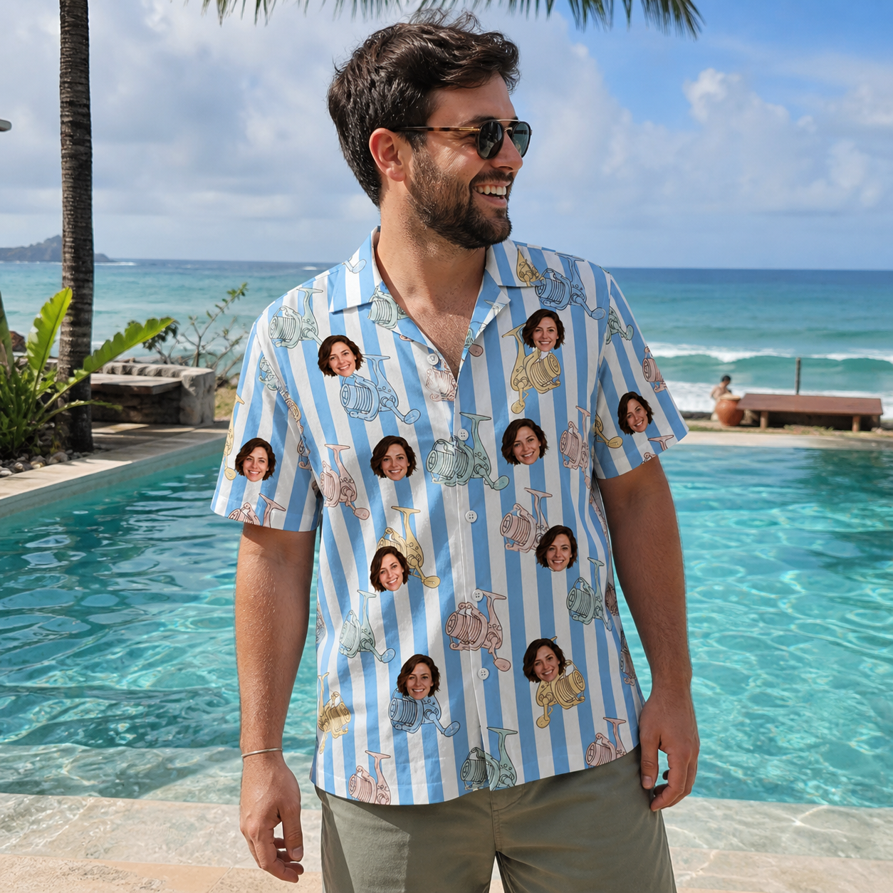 Real-life photo of someone wearing Men's Spinner Spritz Custom Face Hawaiian Shirt — custom faces printed all-over