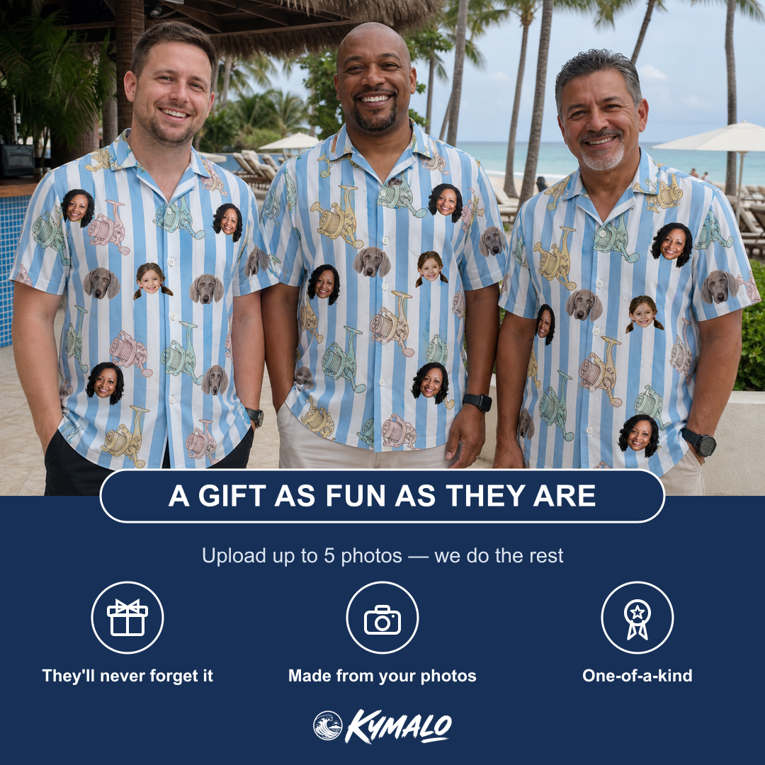 Friends in matching Men's Spinner Spritz Custom Face Hawaiian Shirt — a group gift photo