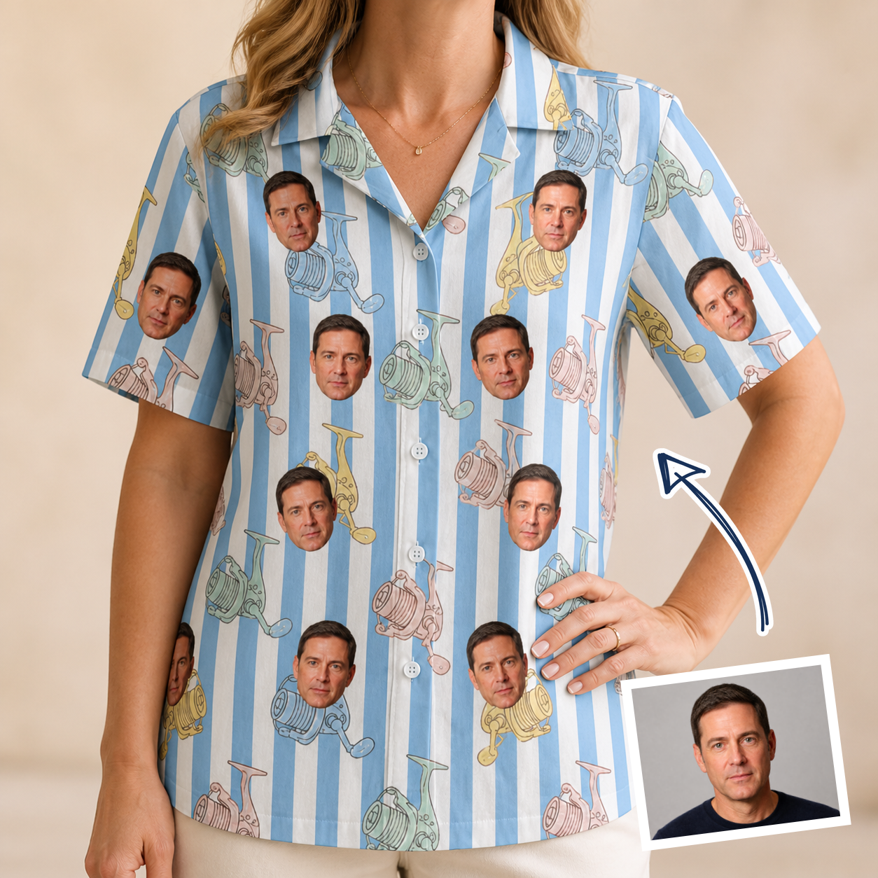 Woman wearing Women's Spinner Spritz Custom Face Hawaiian Shirt — custom faces printed all-over