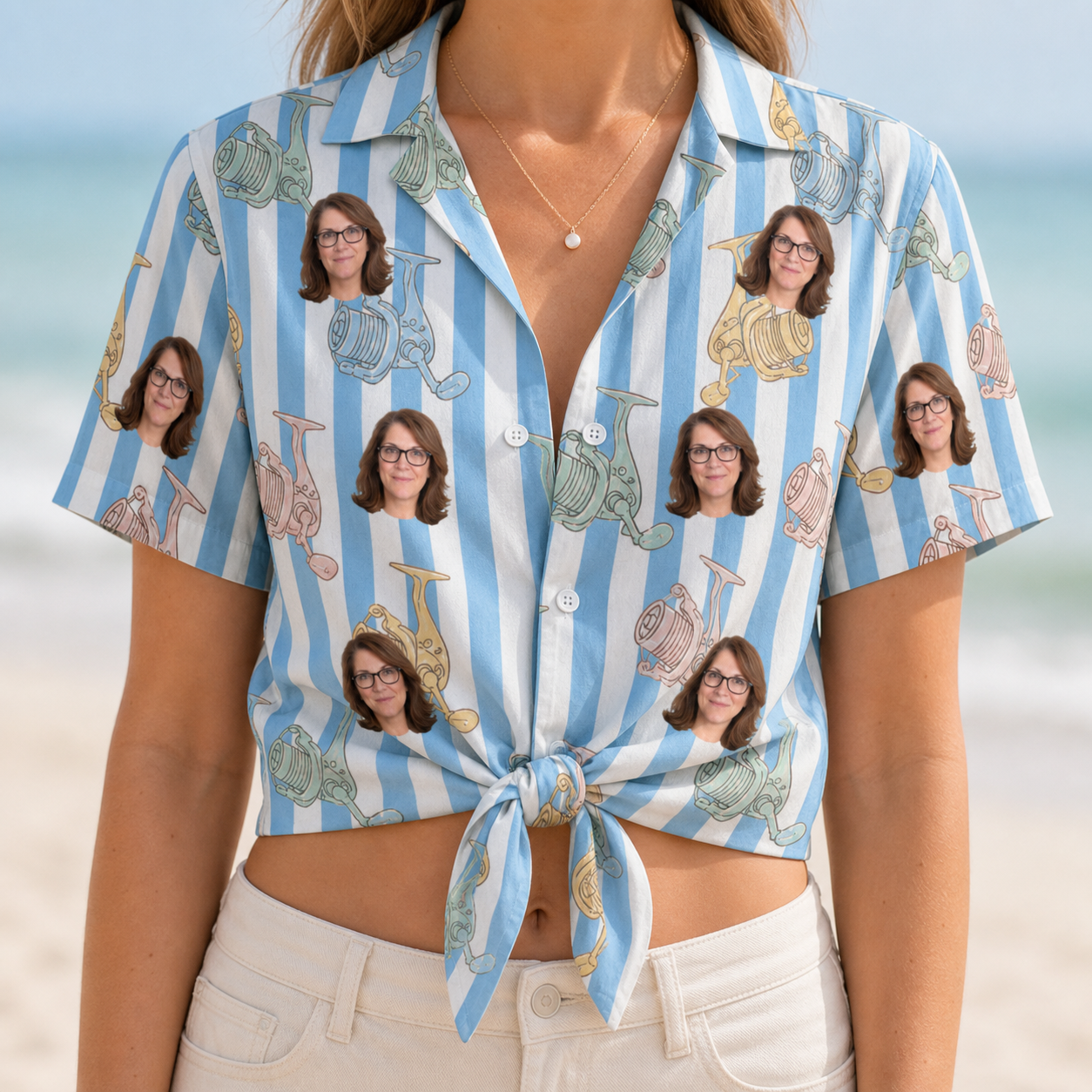 Woman wearing Women's Spinner Spritz Custom Face Hawaiian Shirt tied at the waist