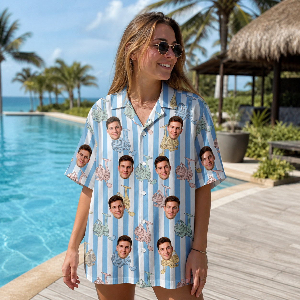 Real-life photo of someone wearing Women's Spinner Spritz Custom Face Hawaiian Shirt — custom faces printed all-over