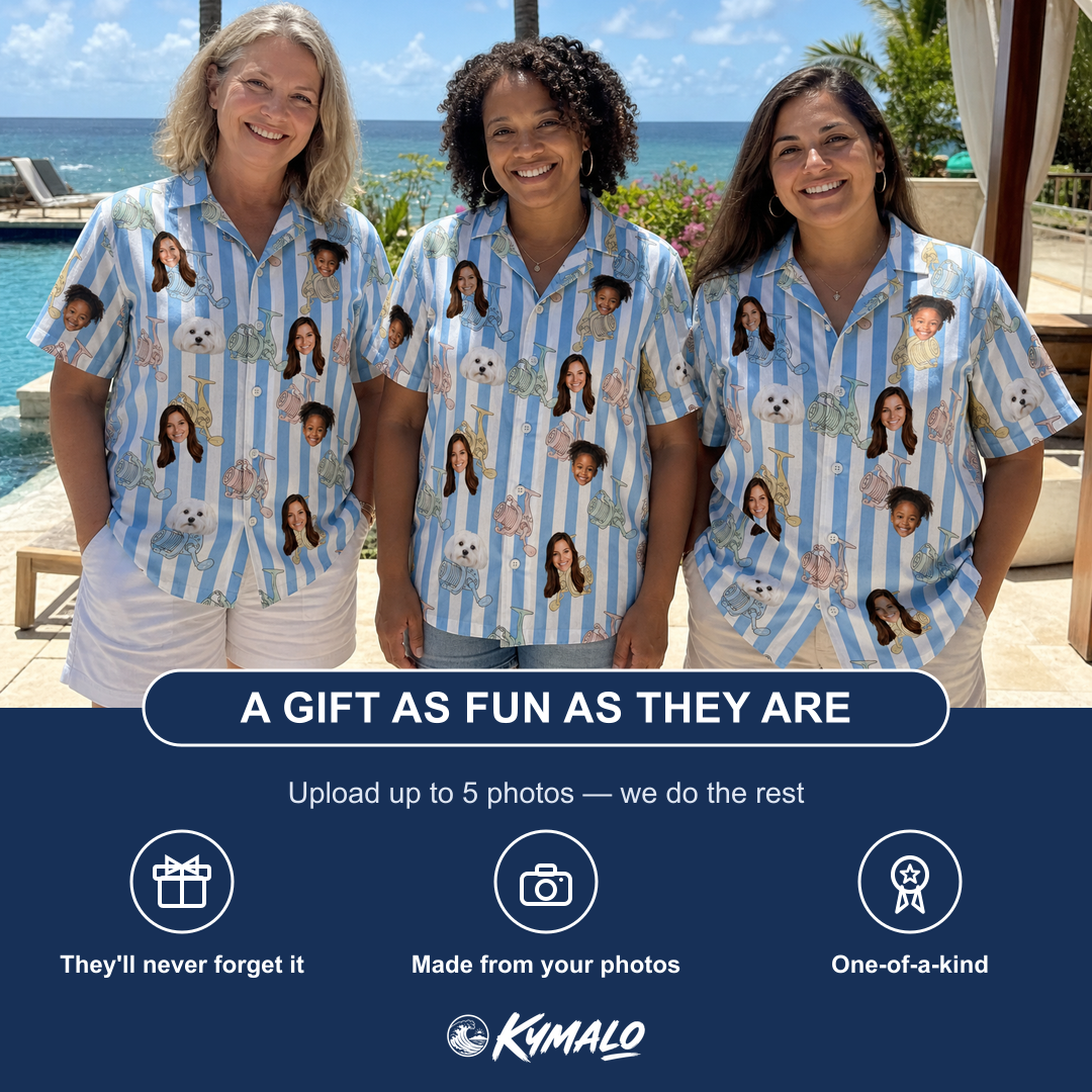 Friends in matching Women's Spinner Spritz Custom Face Hawaiian Shirt — a group gift photo