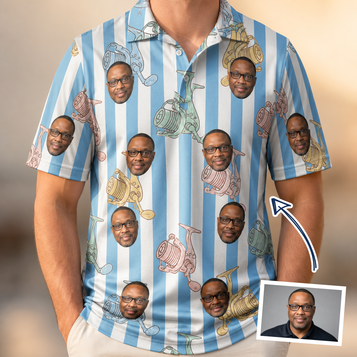 Man wearing Men's Spinner Spritz Custom Face Polo Shirt — custom faces printed all-over