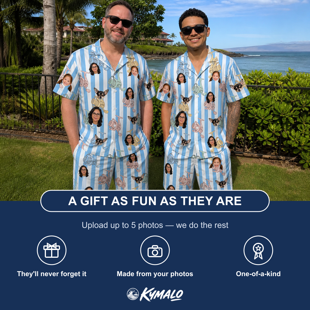 Friends in matching Men's Spinner Spritz Custom Face Shirt & Shorts Set — a group gift photo