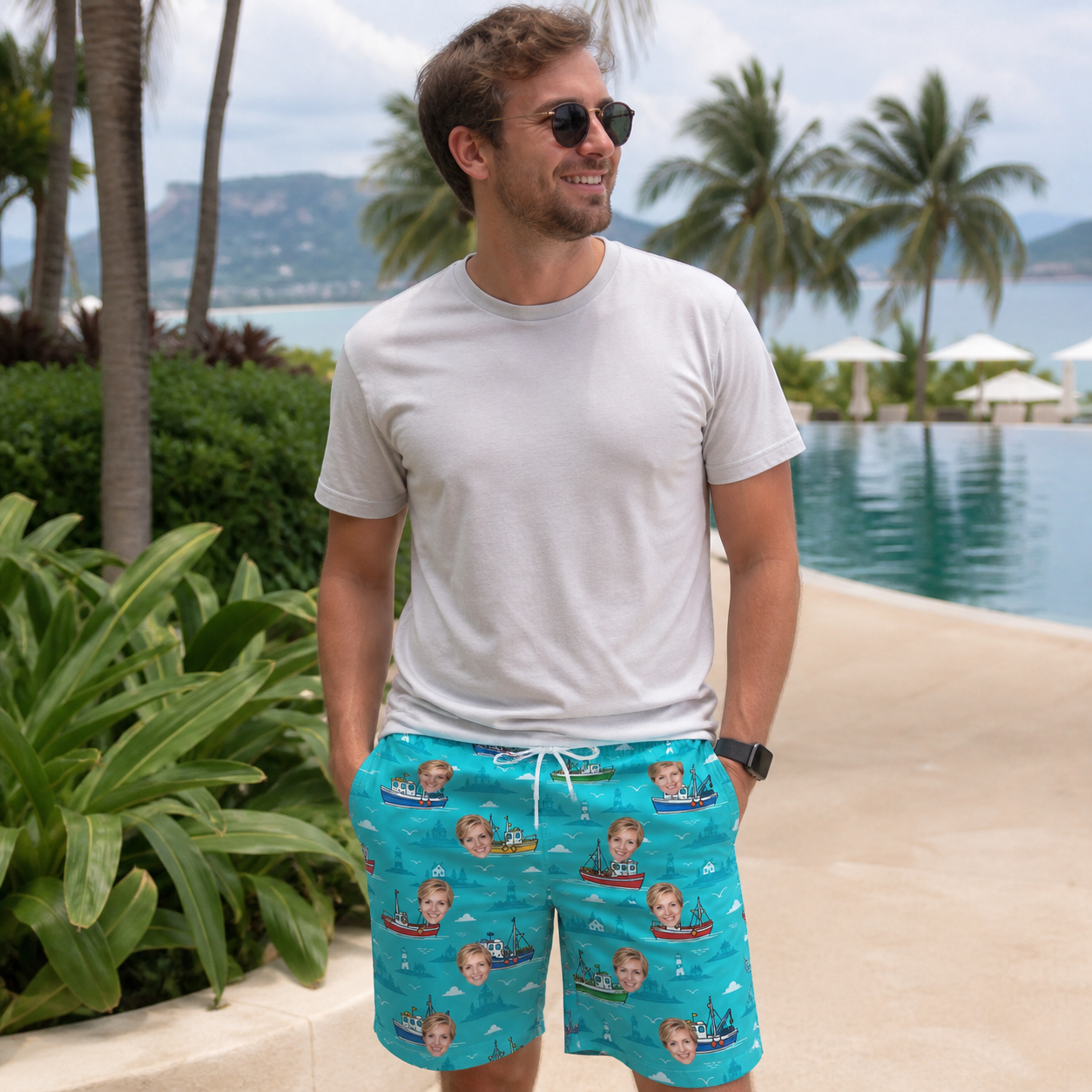 Real-life photo of someone wearing Men's Skiff Happens Custom Face Beach Shorts — custom faces printed all-over