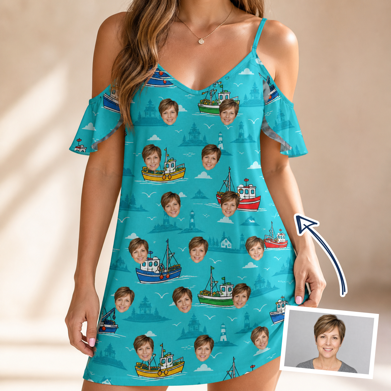 Woman wearing Women's Skiff Happens Custom Face Off-Shoulder Dress — custom faces printed all-over