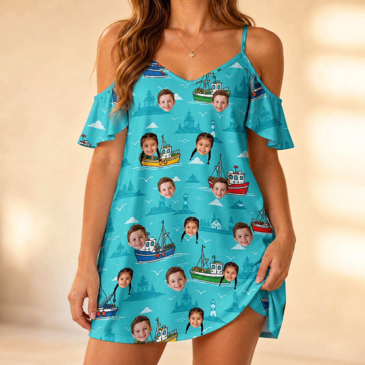 Model wearing Women's Skiff Happens Custom Face Off-Shoulder Dress printed with kids' faces